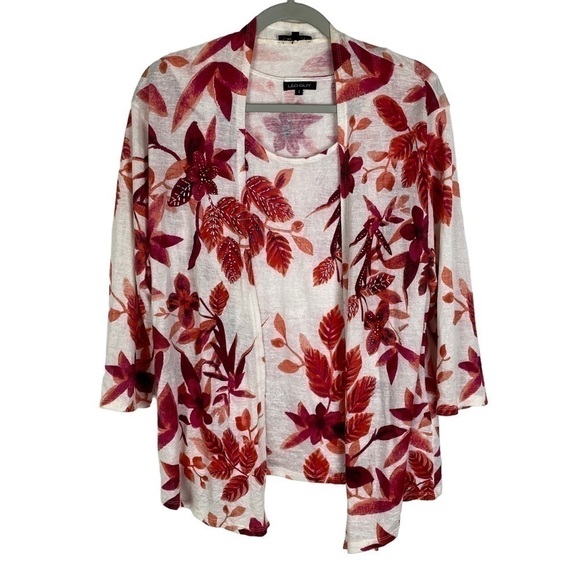 Leo‎ Guy 2-Piece Floral Beaded Tank with Open Cardigan Women's 4 Beige Pink Red - Picture 8 of 12